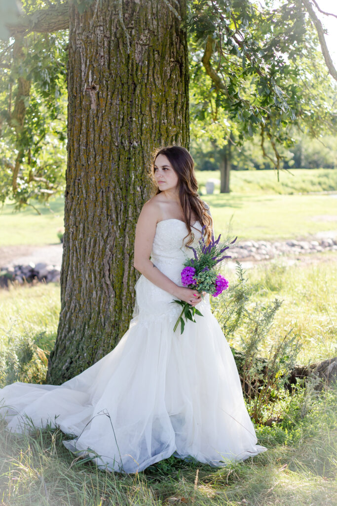 Bride in beautiful wedding dress under giant old oak tree overlooking Pleasant Pastures Weddings and Events in Central Minnesota Outdoor wedding venue with ponds flowers antique horse carriage mahogany tree swing