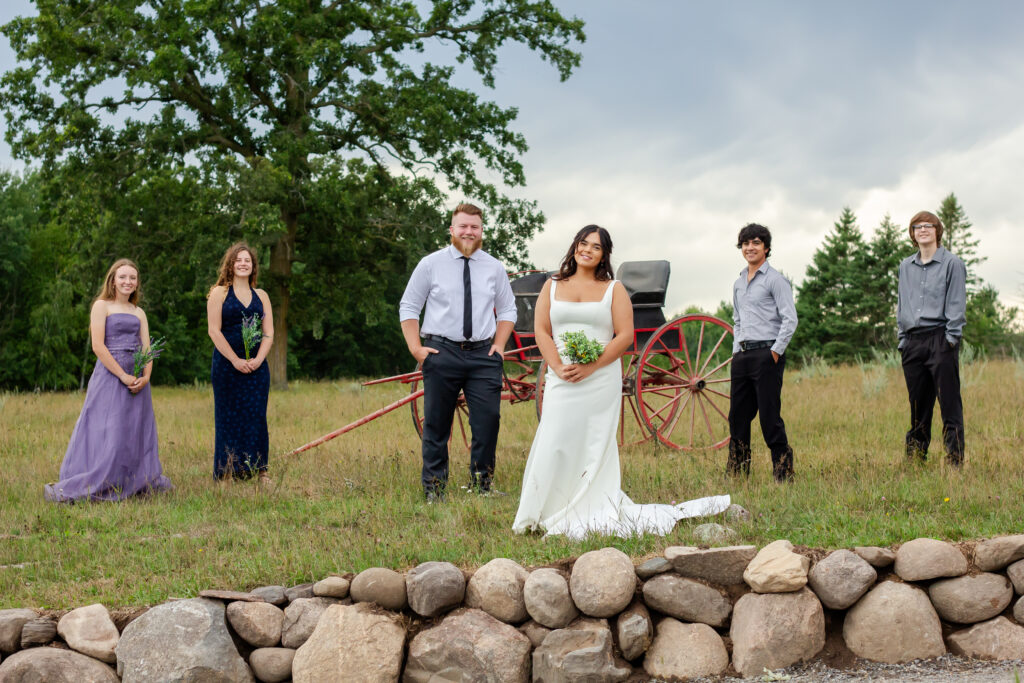 Bridal party standing on a rock ledge in the pasture by the antique horse carriage at Pleasant Pastures Weddings and Events in Central Minnesota