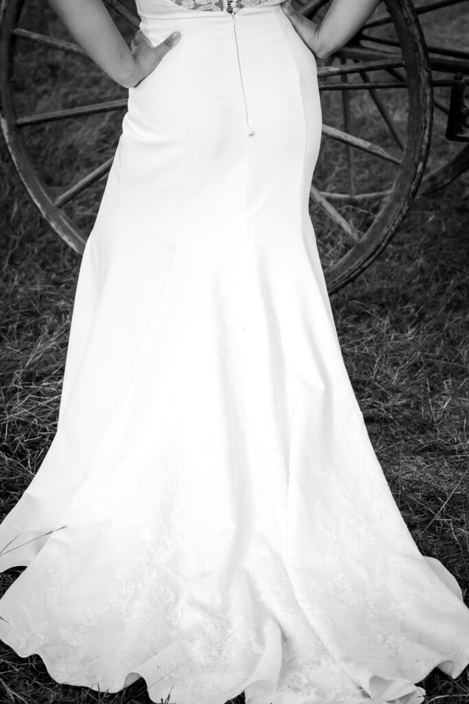 Woman posing in Wedding dress at Pleasant Pastures Weddings and Events standing in front of antique horse carriage in rolling hills and pasture at the outdoor wedding venue with ponds flowers commercial tent outdoor ceremony site.