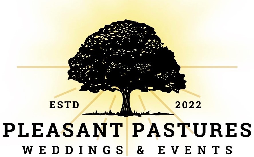 Logo for Pleasant Pastures Weddings and Events in Central Minnesota Outdoor wedding venue with commercial tent ponds giant old oak trees mahogany tree swing antique horse carriage livestock cattle sheep lambs rolling hills